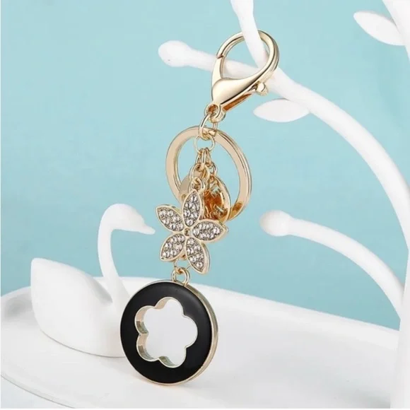 Gold and Black Keychain with Floral Charm - Picture 3 of 3